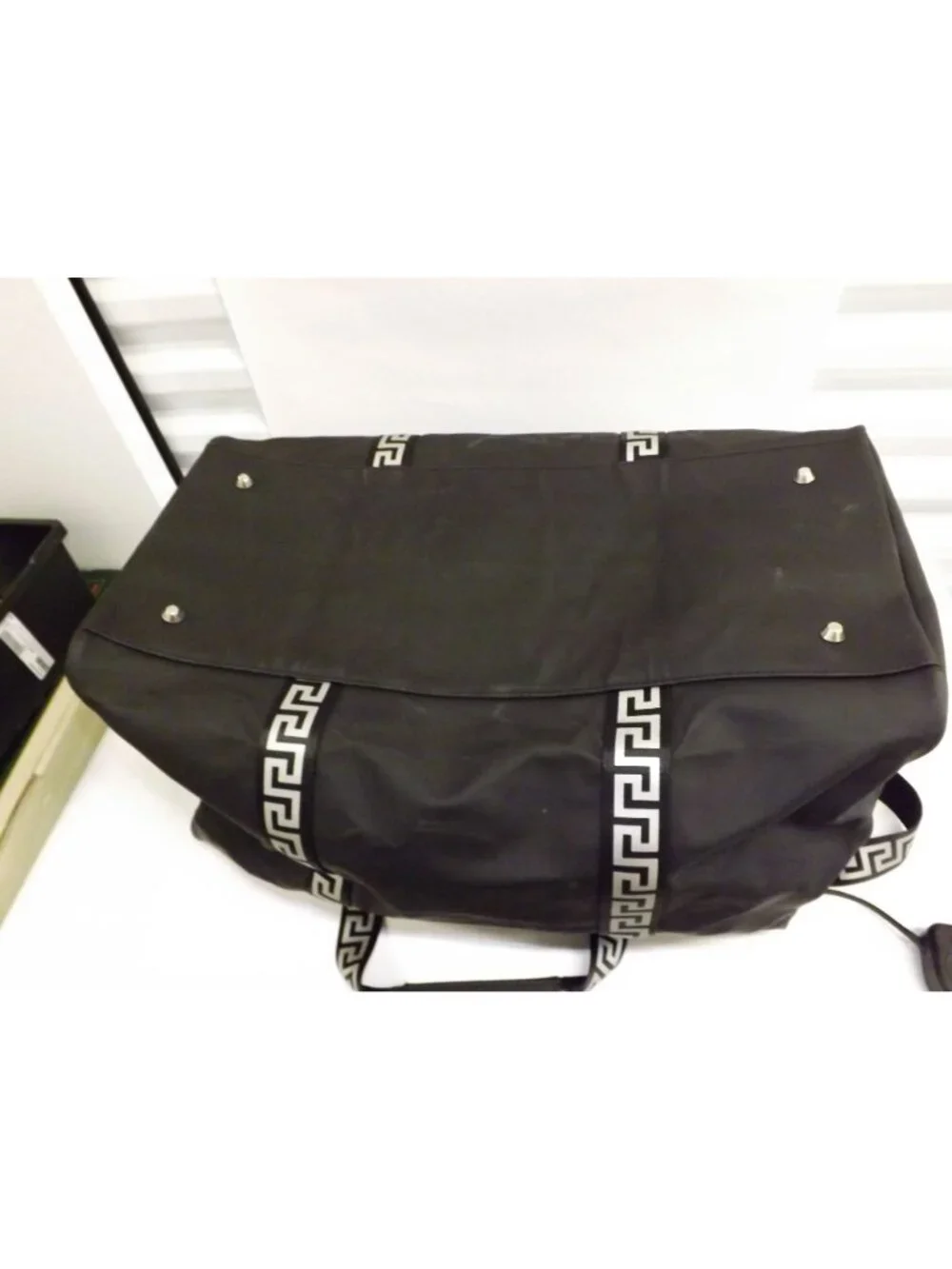VERSACE black Overnight Duffle Bag With Strap Greek Key Pattern Weekender Bag